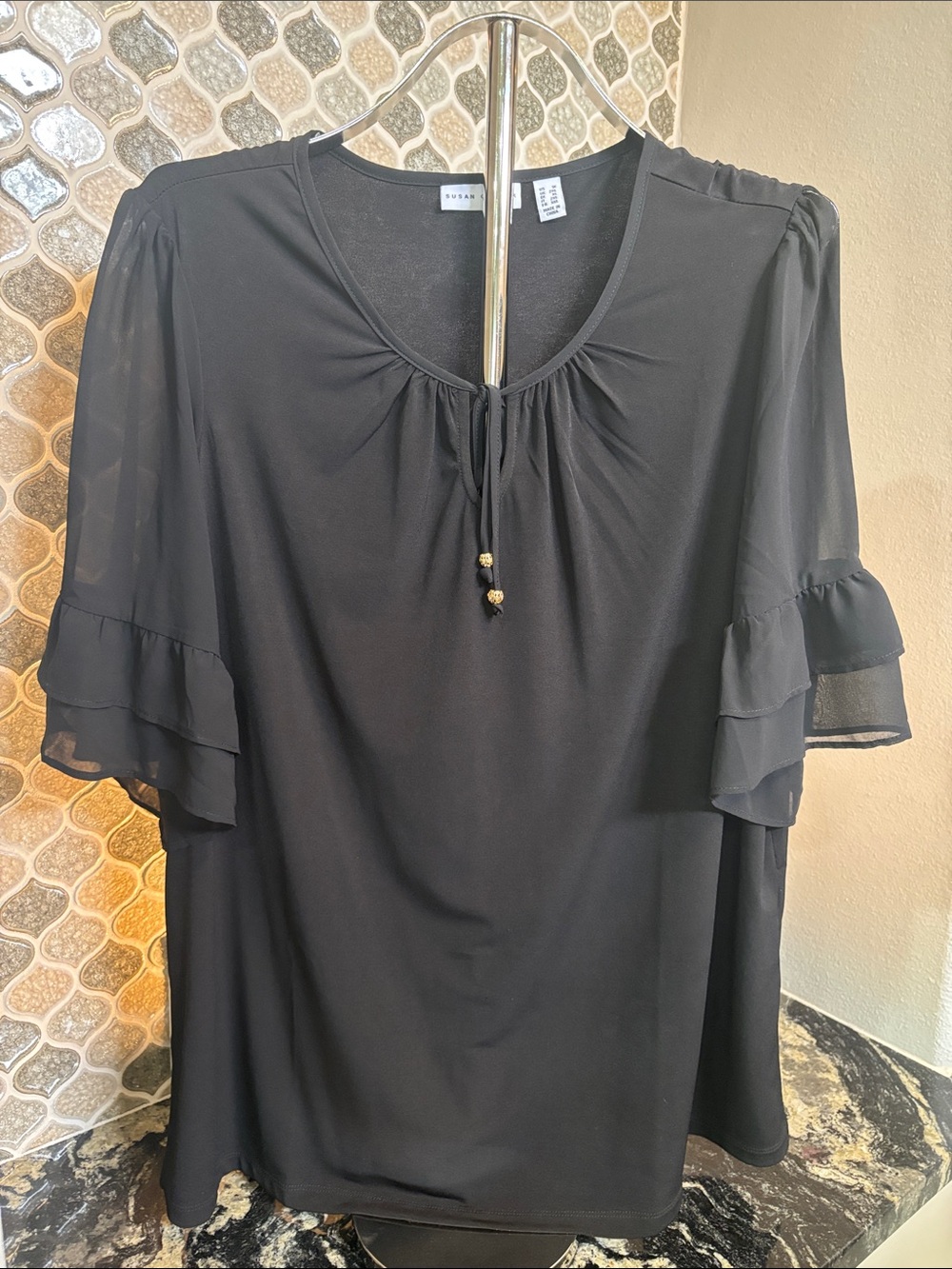 Susan Graver Black Ruffle Sleeve Tie-Neck Top